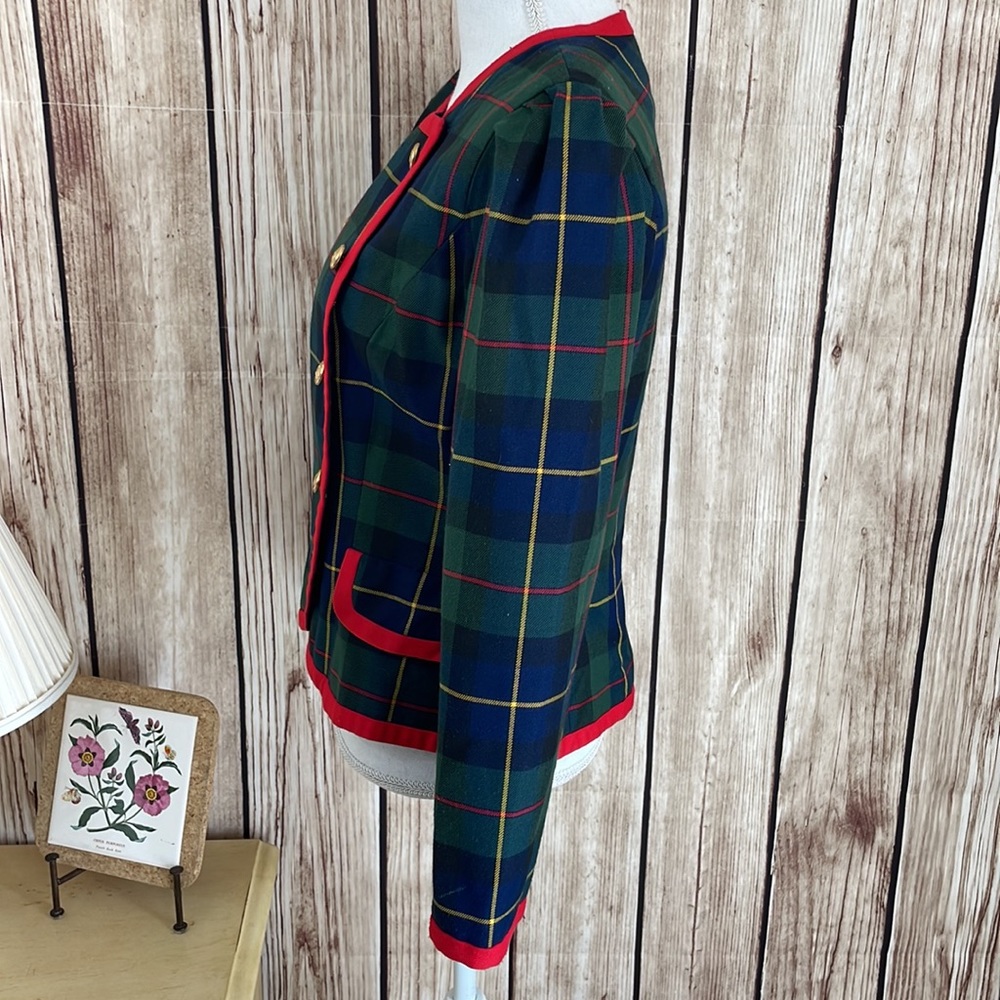 Vintage Maggy Boutique Blue/Green Plaid Jacket w/Red Trim & Gold Buttons - Picture 4 of 9